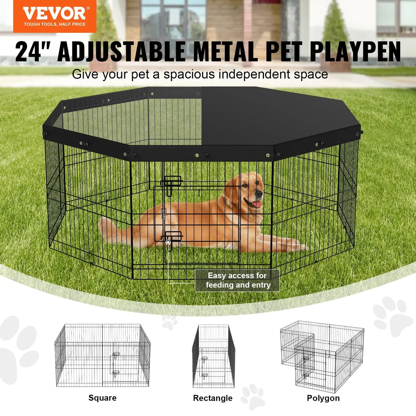VEVOR Dog Playpen, 8 Panels Foldable Metal Dog Exercise Pen With Top Cover Paws and Claws Boutique