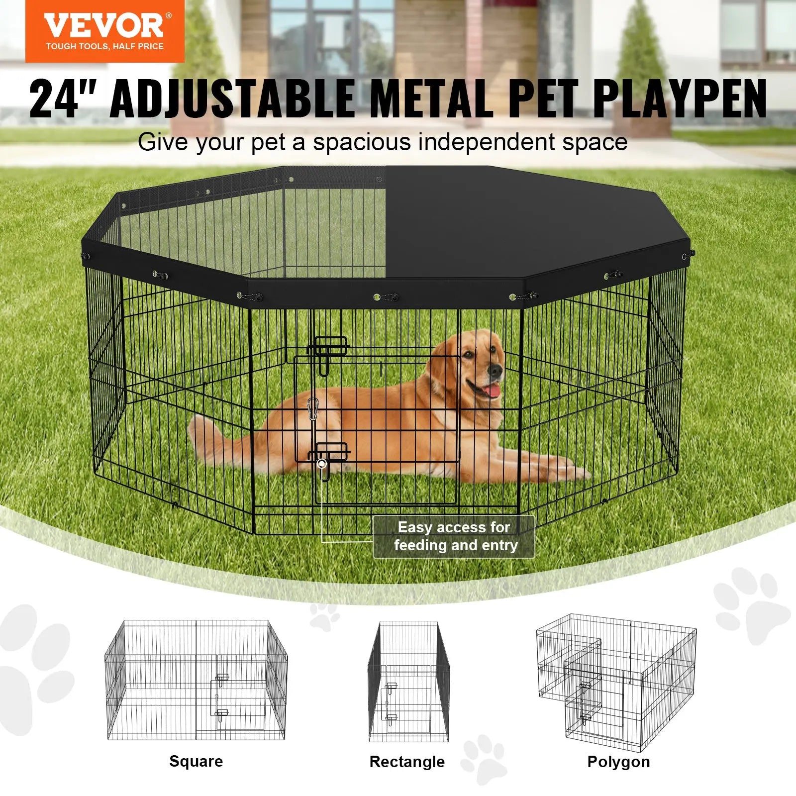 VEVOR Dog Playpen, 8 Panels Foldable Metal Dog Exercise Pen With Top Cover Paws and Claws Boutique