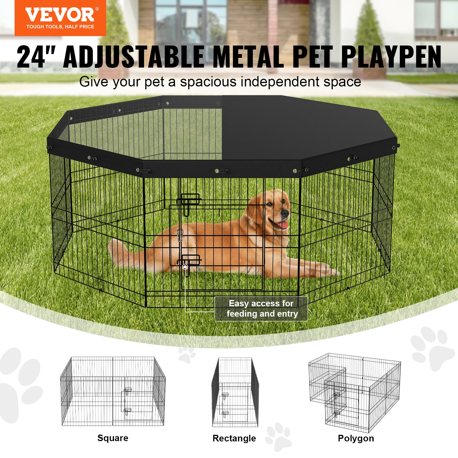 VEVOR Dog Playpen, 8 Panels Foldable Metal Dog Exercise Pen With Top Cover