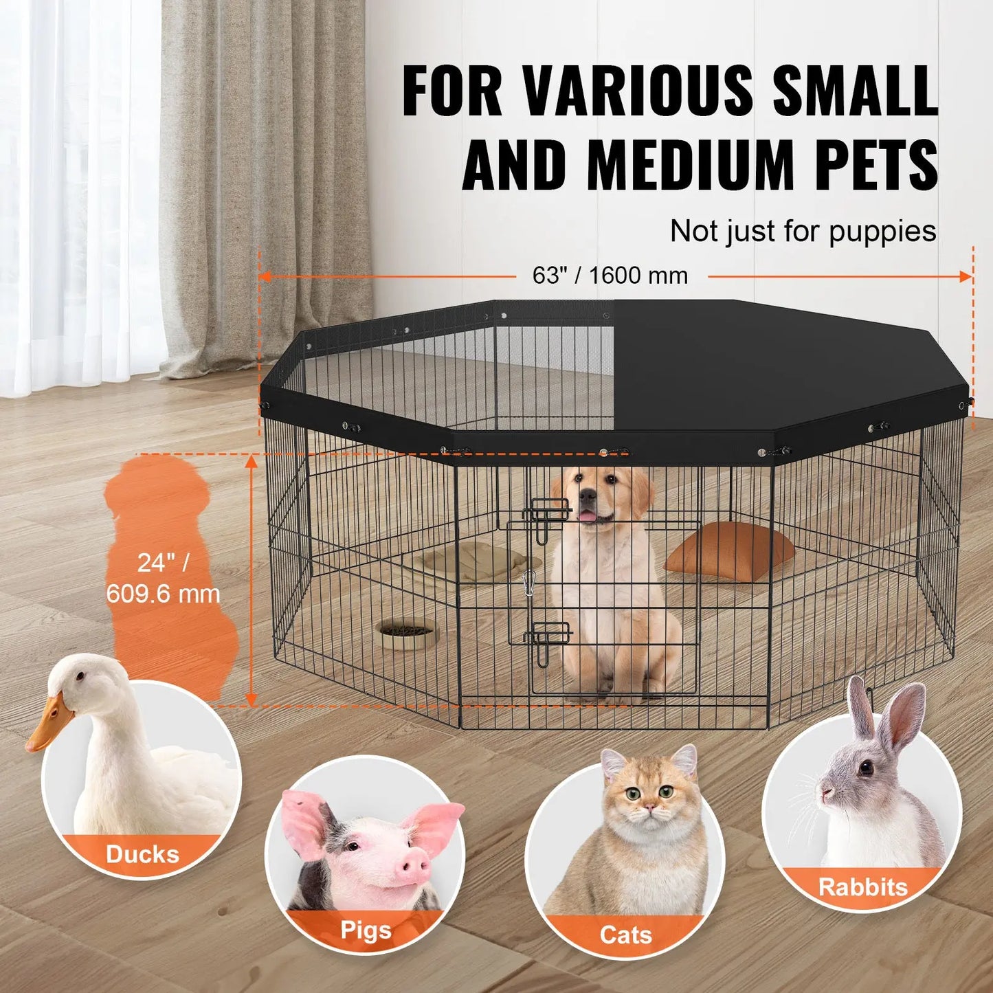 VEVOR Dog Playpen, 8 Panels Foldable Metal Dog Exercise Pen With Top Cover Paws and Claws Boutique